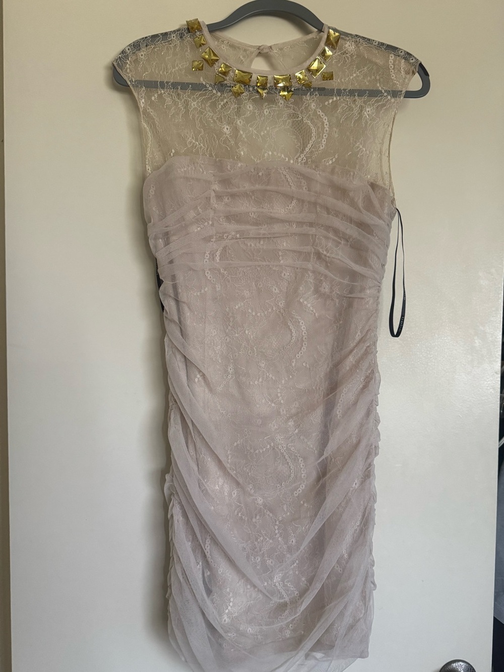bebe Blush Lace Overlay Mini Dress with Gold Stud Neckline Y2K